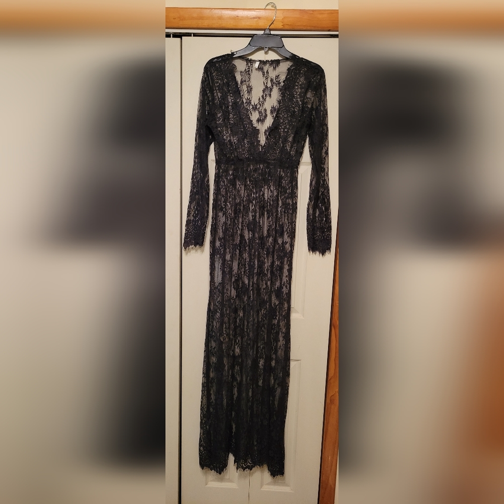 Boudoir Maternity Long Sleeve Lace Dress Deep V-Neck Milk Bath Photo Shoot Gown